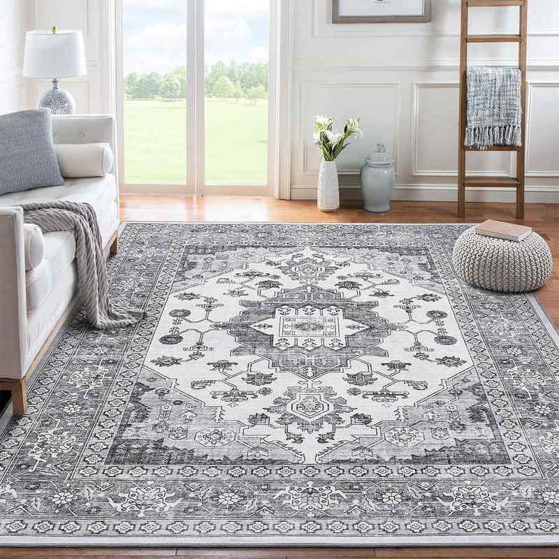 Soft vintage floral rug, cotton‑linen blend, pastel palette, classic living‑room setting