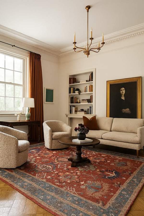 Luxurious gold‑accented silk rug, art deco pattern, deep navy background, glamorous living‑room