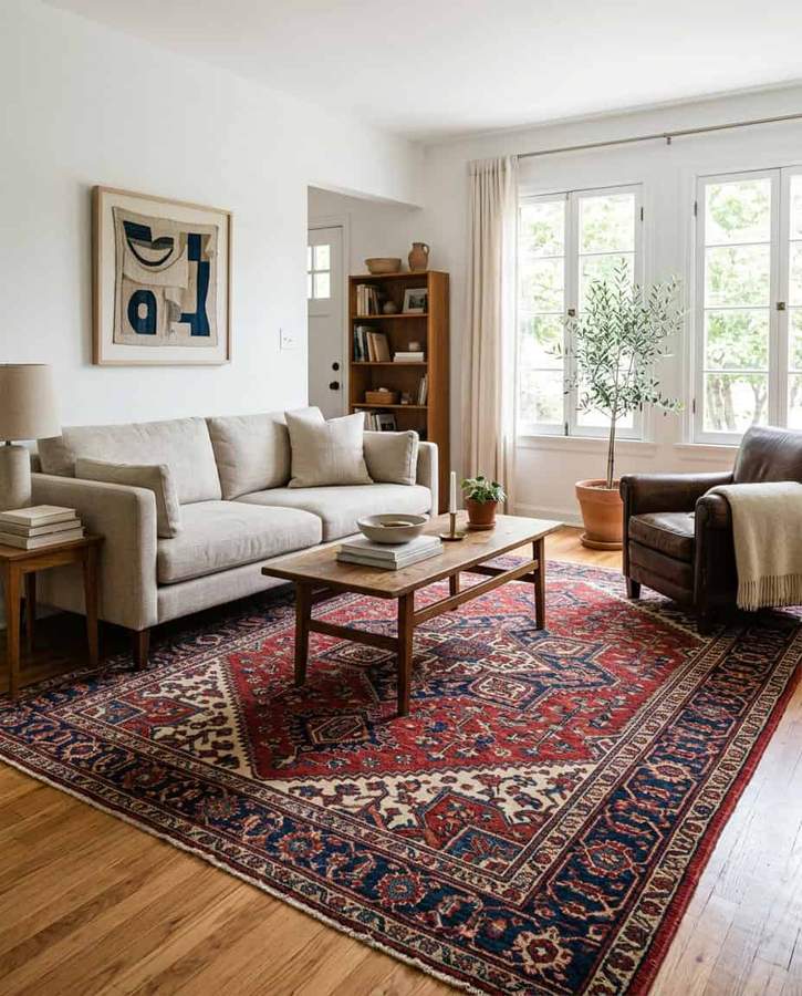Soft gray loop‑pile rug, low‑profile texture, Nordic design, light‑filled living‑room