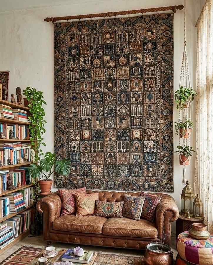 Hand‑woven jute rug with mandala motif, earthy tones, boho‑chic living‑room, natural fibers