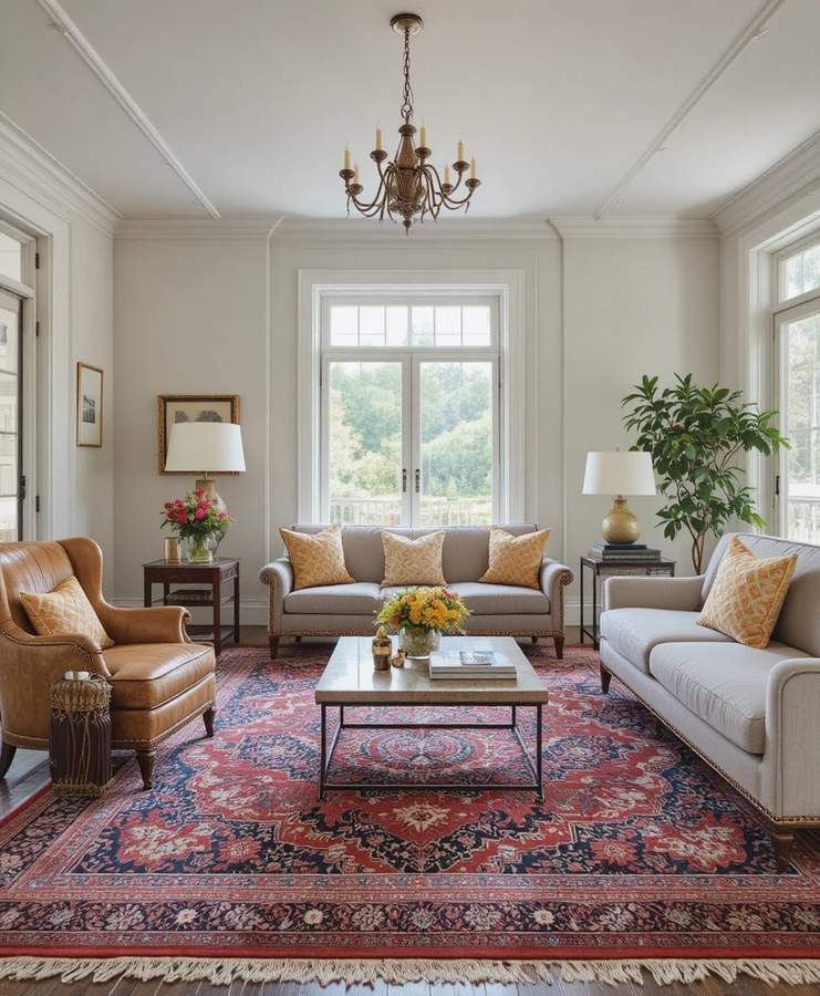 Luxurious silk rug, deep burgundy paisley pattern, classic living‑room, rich texture