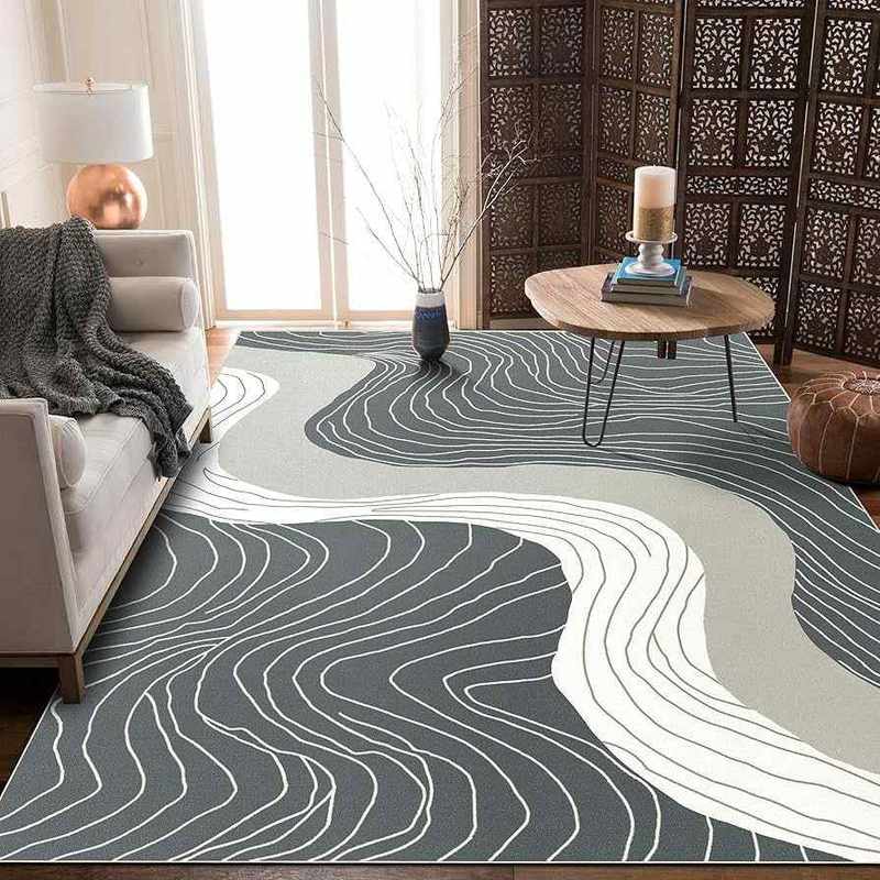 Faux‑leather striped rug, industrial chic, dark gray and black, modern loft living‑room