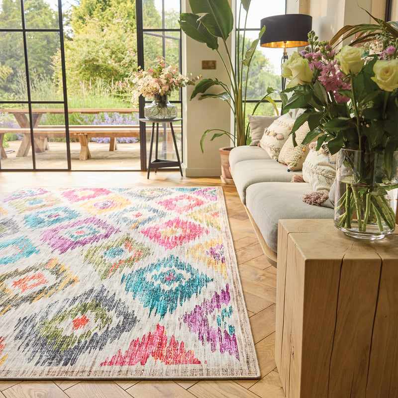 Recycled plastic rug, mosaic pattern, teal and gray, sustainable modern living room