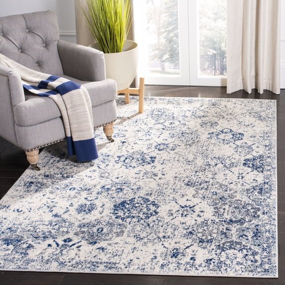 Dark navy rug with metallic star motif, plush pile, dreamy bedroom‑style living area