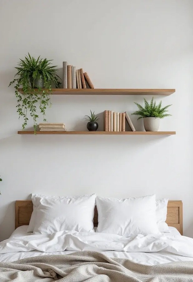Industrial floating shelf, steel pipe support, wood plank, living room wall, rugged style.
