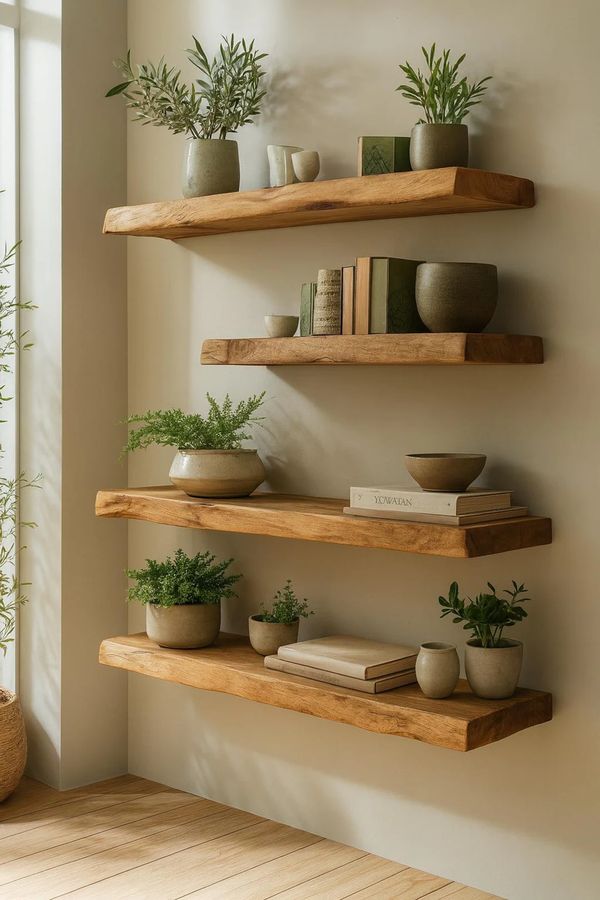 Brushed nickel floating shelf, contemporary design, living room wall, sleek metallic finish.