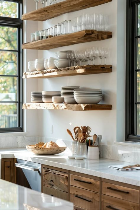 Driftwood floating shelf, coastal style, living room wall, weathered natural finish.