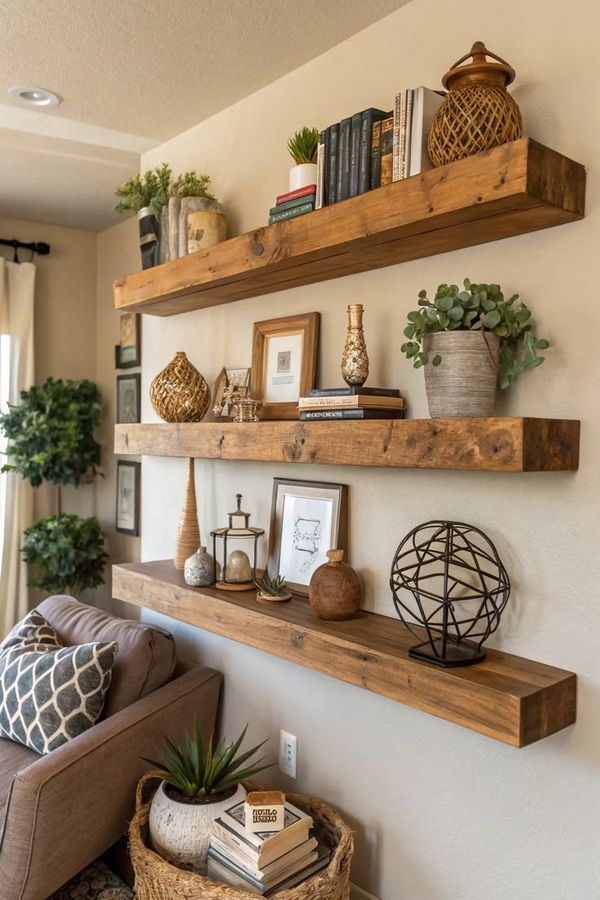 Floating shelves with integrated LED lighting, minimalist design, living room wall, modern glow.