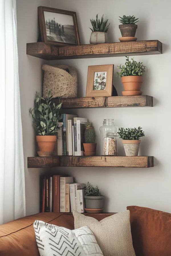 Floating shelf made of cedar wood, natural stain, hidden mounting, warm living‑room vibe