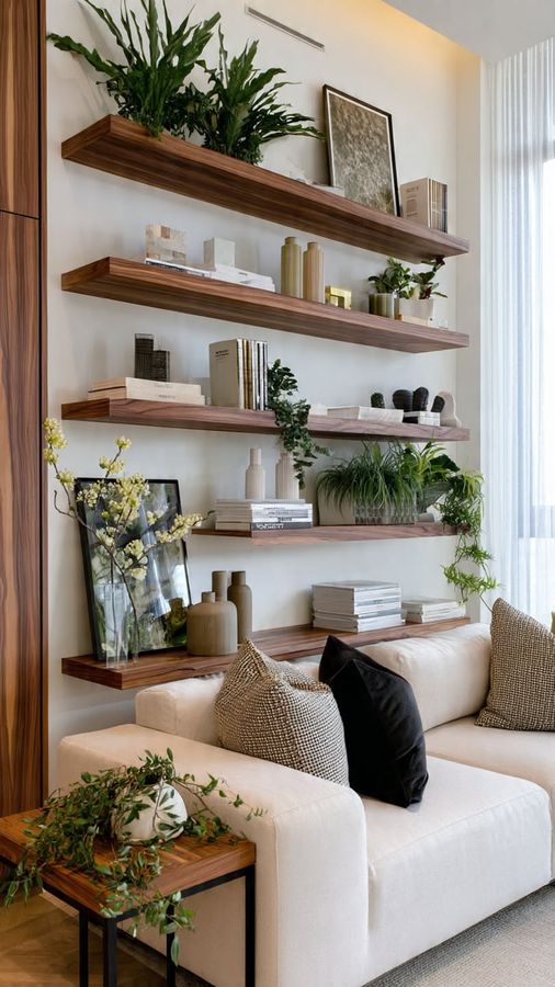 Floating shelf with distressed wood, iron brackets, rustic finish, living‑room charm