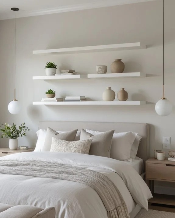 Floating shelf with narrow wooden rail, natural finish, hidden mounting, sleek living‑room décor