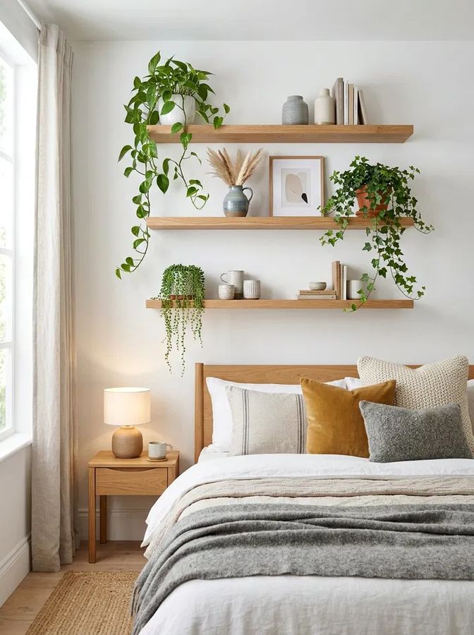 Floating shelf with white plastic rail, clear finish, hidden mounting, bright living‑room accent