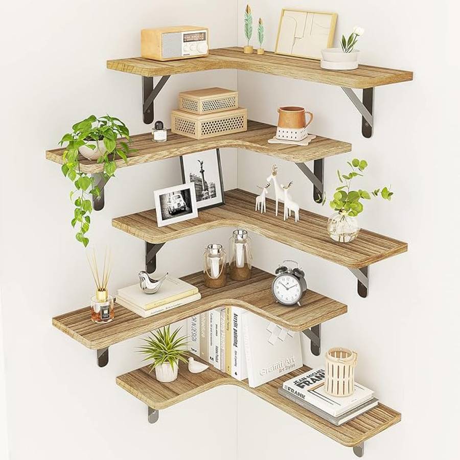 Floating shelf with black iron rail, natural wood plank, hidden mounting, modern living‑room style