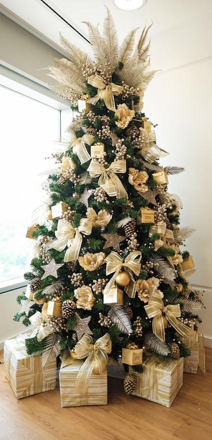 White artificial tree, frosted needles, metal stand, wintery living room décor